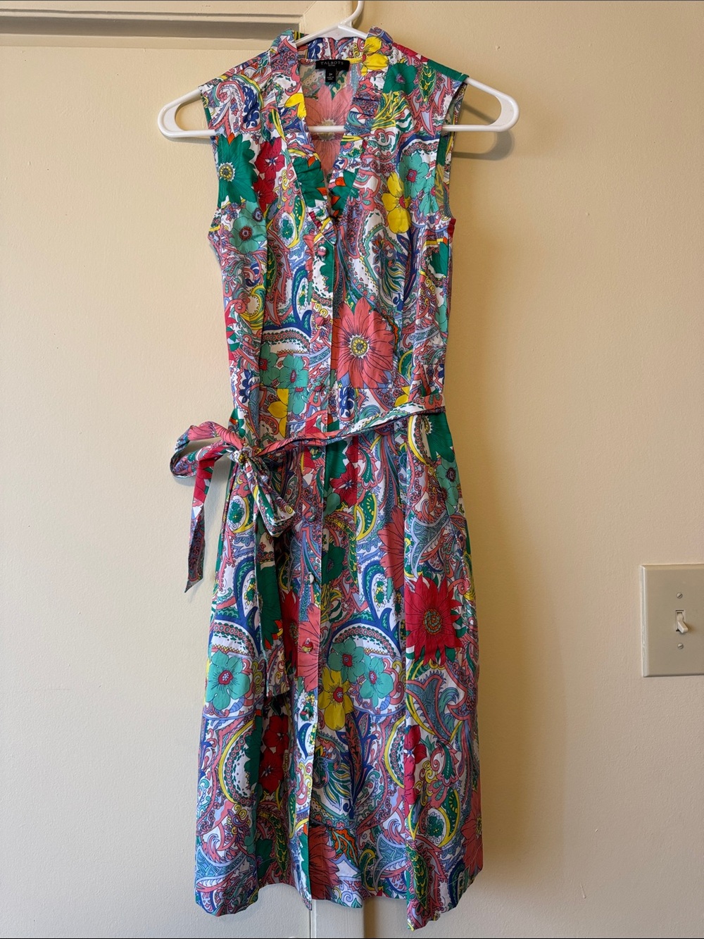 Talbots Sleeveless Paisley Floral Tie-Waist Midi Dress in Green, Pink and Yellow